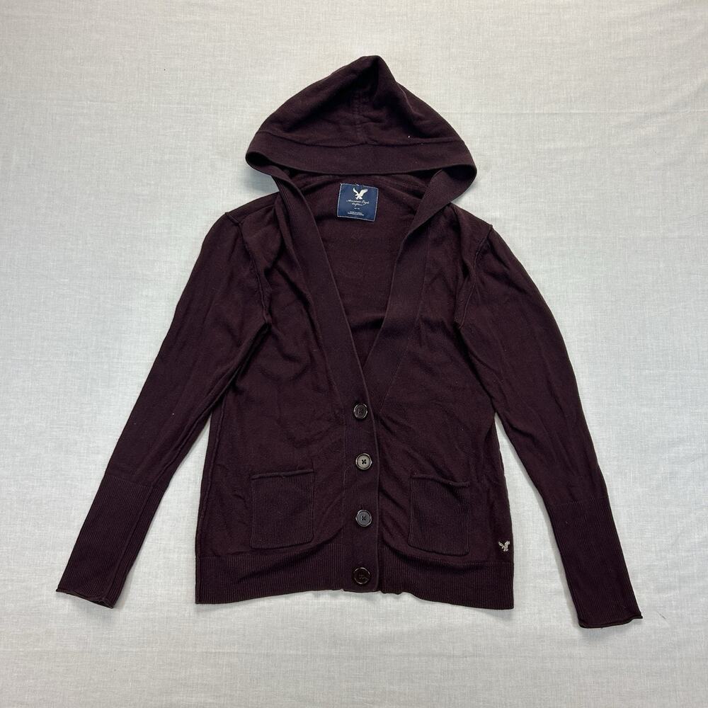 American Eagle Y2k Hooded Cardigan Sweater Women's Medium Maroon Pockets Buttons